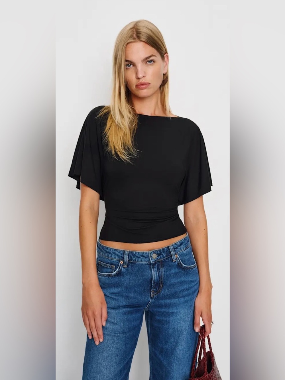 Reformation Womens Top Avery Knit Boat Neck Top Short Bell Sleeve Tie Large
